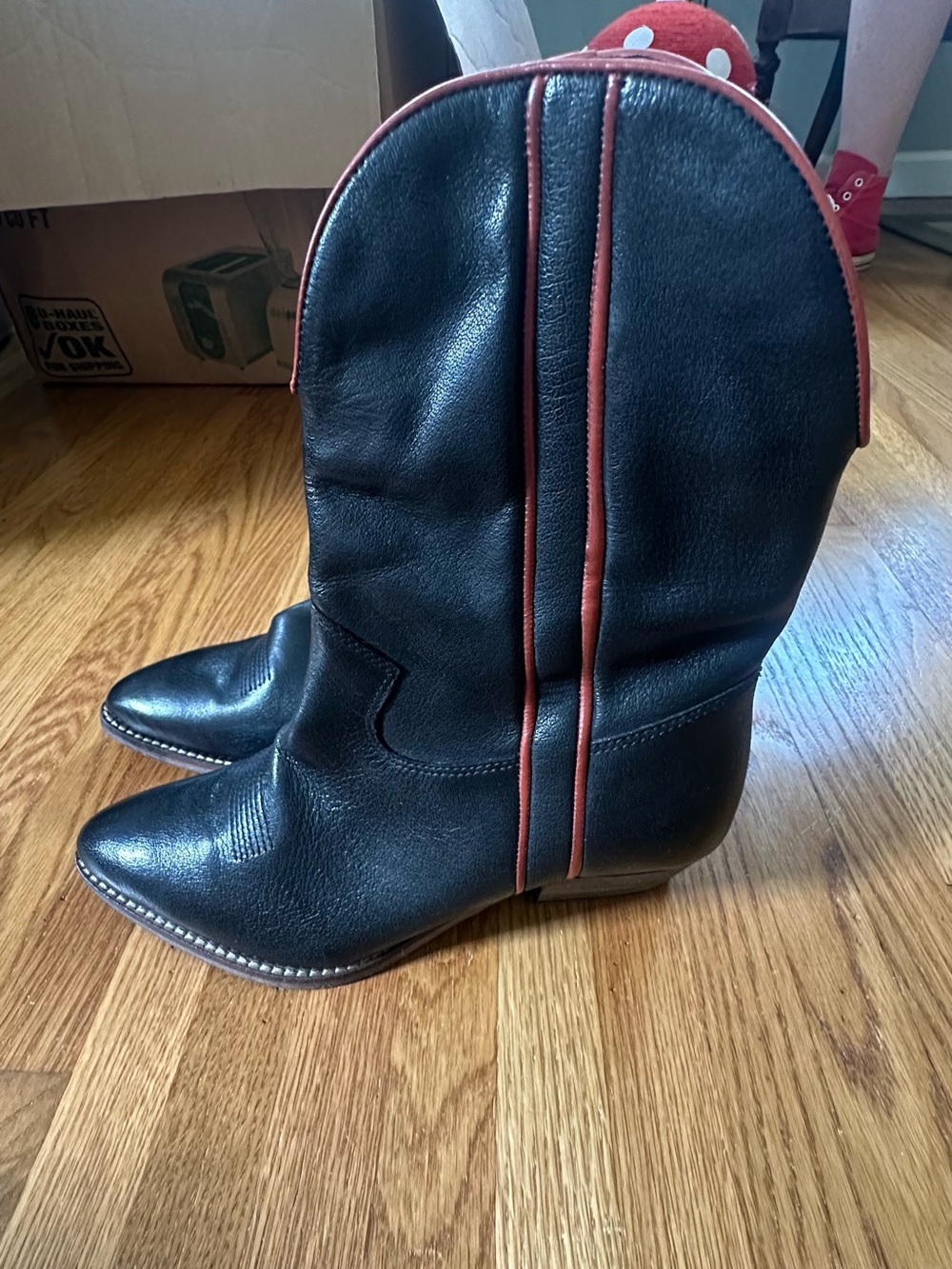 Free People Black Western Heeled Boots with Red Trim